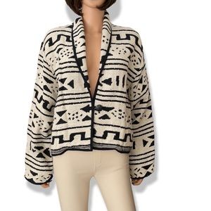 ANU by Natural Black & White Geometric Woven Jacket XL Boho Tribal Button Front